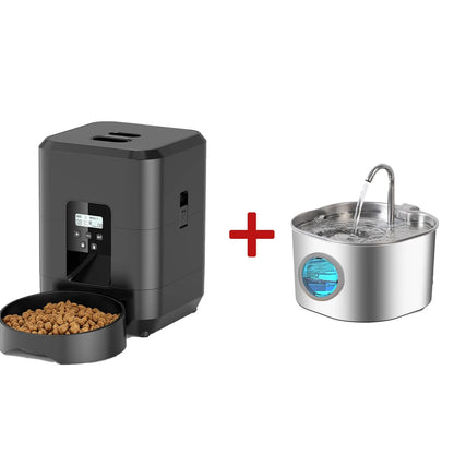 Smart Pet Feeder, Pet Dispenser and Fountain Set, Cat Automatic Feeder with Stainless Steel Fountain, Dog Feeder and Fountain Ki