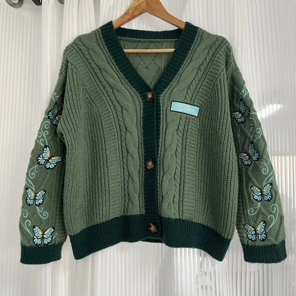 Butterfly Knitted Cardigan Women Dark Green Cardigans with Embroidery Winter Letter Patch Oversized Sweaters Tops Folklore Girl