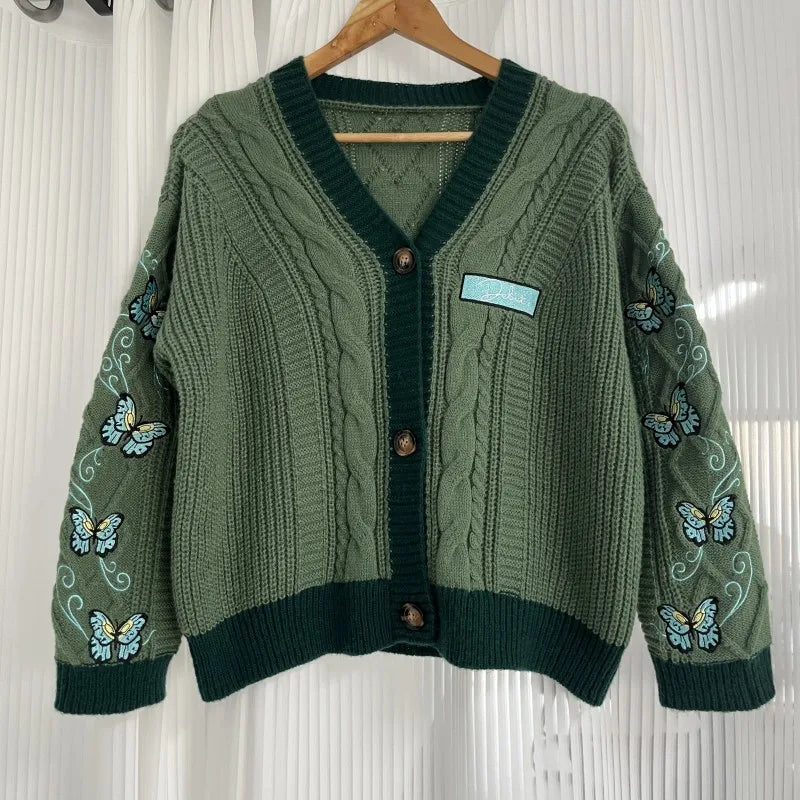 Butterfly Knitted Cardigan Women Dark Green Cardigans with Embroidery Winter Letter Patch Oversized Sweaters Tops Folklore Girl