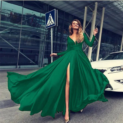 European American Wedding Dresses Wheat Dress Sexy Deep V Long Sleeved Sequined Dress Woman Party Solid Dress Maxi Floor Gowns