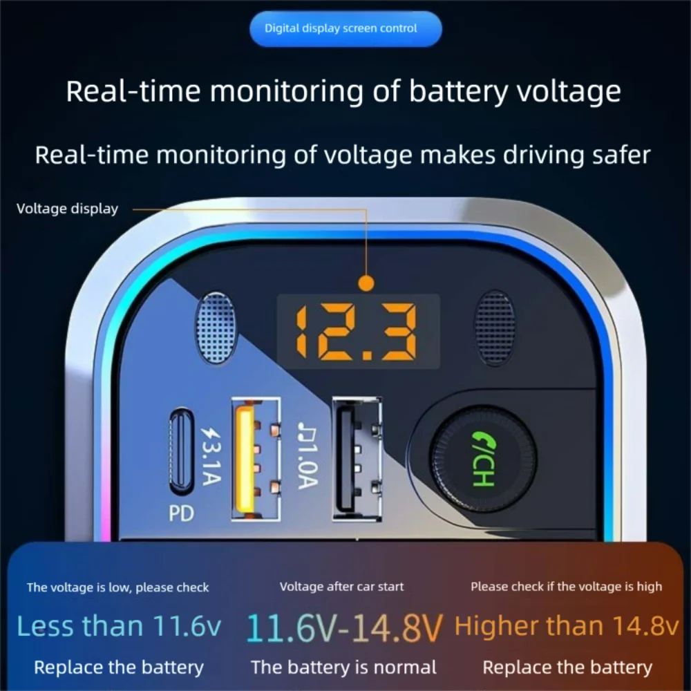 Bluetooth 5.0 Car FM Transmitter Car Bluetooth Receiver Ambient Hands-Free Mp3 Player Dual USB Fast Charger 5.0 Audio Adapter
