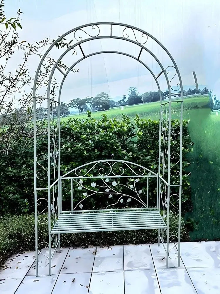 Garden arch bench, decorative wrought iron arch with seat, suitable for climbing plants and outdoor wedding arch