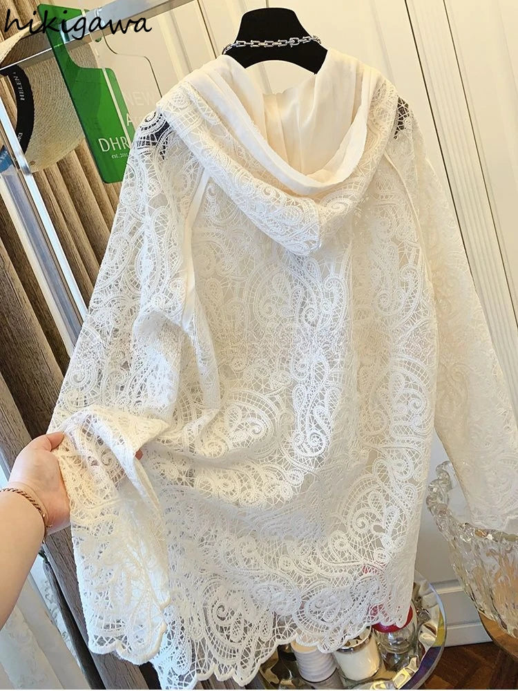 Oversized Tops Temperament Coat Women's Clothing Hooded Lace Hollow Out Outwear 2025 Ropa Mujer Casual Summer Fashion Jackets
