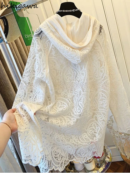 Oversized Tops Temperament Coat Women's Clothing Hooded Lace Hollow Out Outwear 2025 Ropa Mujer Casual Summer Fashion Jackets