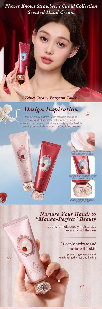 Flower Knows Strawberry Cupid Scented Hand Cream Moisturising & Nourishing Skin Care Lotions For Women Whitening Cream 50ml