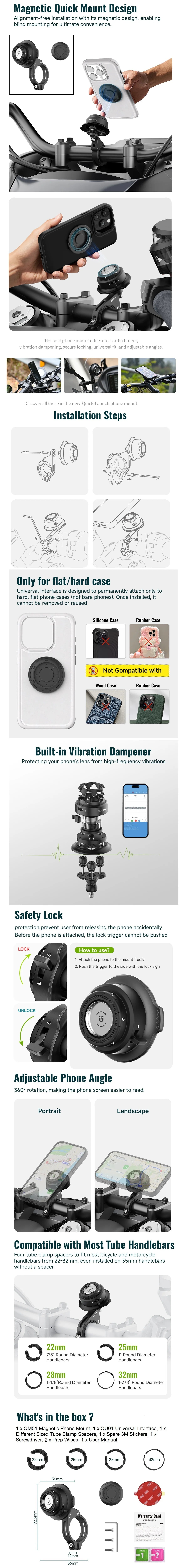 Magnetic Motorcycle Phone Mount Holder with Vibration Dampener & Secure Lock Handlebar Phone Mount for Motorcycle Bike Scooter