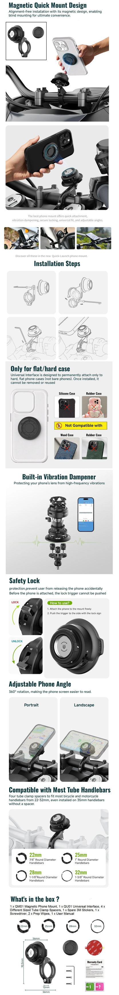 Magnetic Motorcycle Phone Mount Holder with Vibration Dampener & Secure Lock Handlebar Phone Mount for Motorcycle Bike Scooter