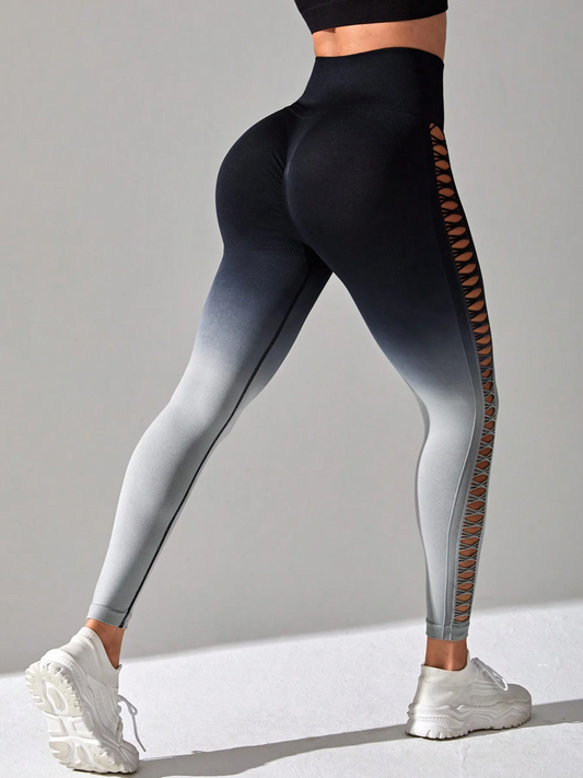 Women's High-Waisted Yoga Pants With Gradual Color Fade, Stretch Fabric, Breathable And Comfortable, Side Hollow Design