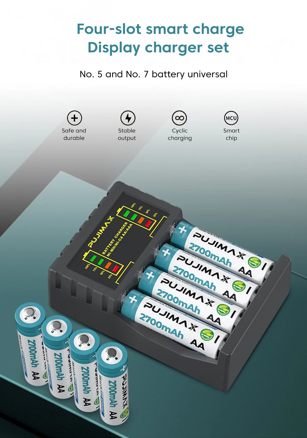 Battery Charger 4 Slot Intelligent Fast Charge With Indicator For 1.2V NiMH NiCd AAA/AA Rechargeable Batteries USB C Micro Jack