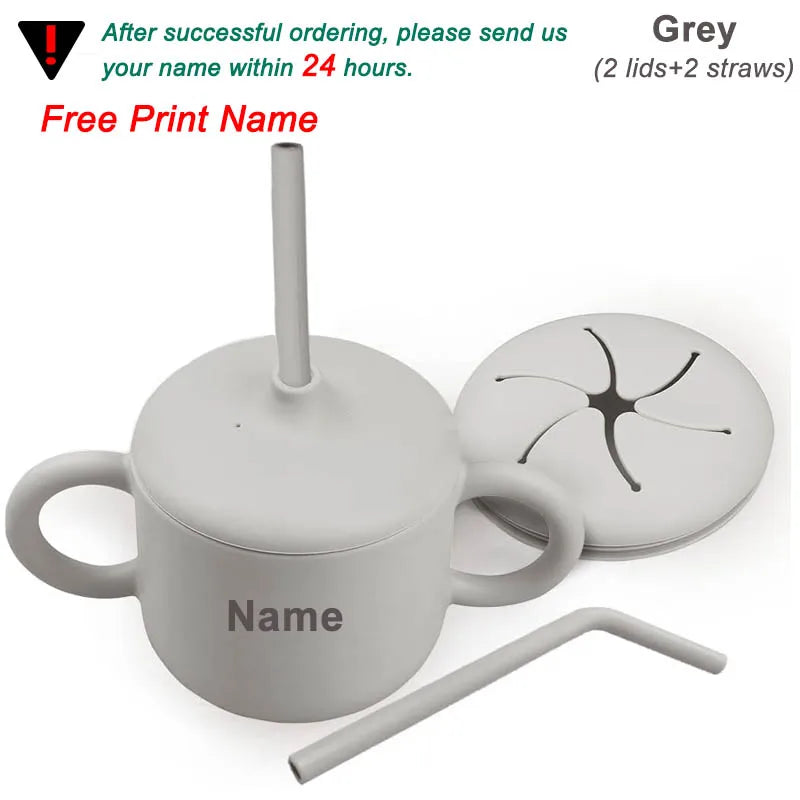 Food Grade Silicone Baby Feeding Cups Personalized Name Children Learn Drinking Cups Sippy Cups Kids Toddlers Straw Water Bottle
