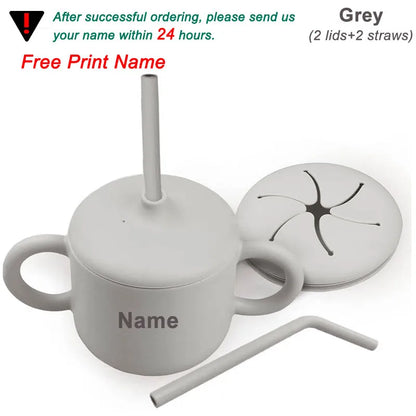 Food Grade Silicone Baby Feeding Cups Personalized Name Children Learn Drinking Cups Sippy Cups Kids Toddlers Straw Water Bottle
