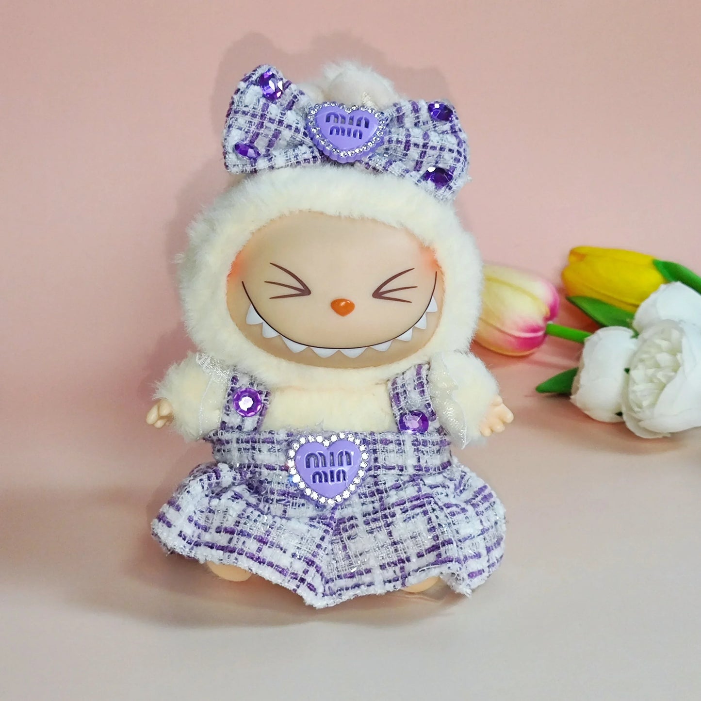 Labubu Sitting Party Outfit V1 V2 Doll Clothes Classic Grid Dress with Fragrance Kids Gift Set