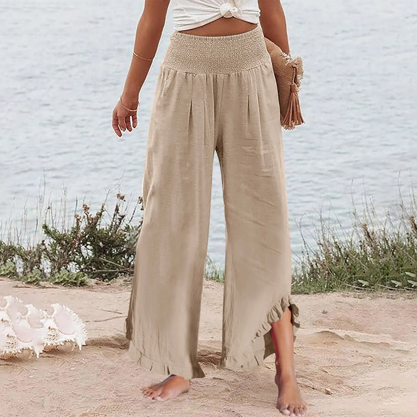 Summer Womens Palazzo Pants Summer Casual Flowy Wide Leg Trousers Beach Travel Vacation Outfits All Match Loose Baggay Pants