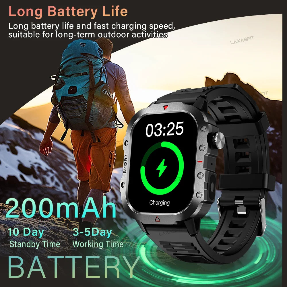 LAXASFIT Sports Smart Watch Men's Outdoor Sports Fitness Tracker Health Monitor LED Flashlight 2.01” Bluetooth Talk Smart Watch