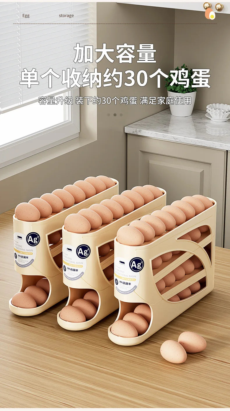 Large Capacity 30 Eggs Holder for Fridge Auto Rolling Egg Organizer, Space-Saving, 4 Tiers Fridge Egg Rack Eggs Dispenser