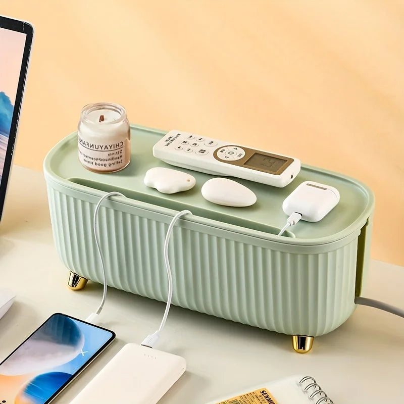 Multifunctional Cable Management Box – Stylish white plastic desktop organizer for power cords