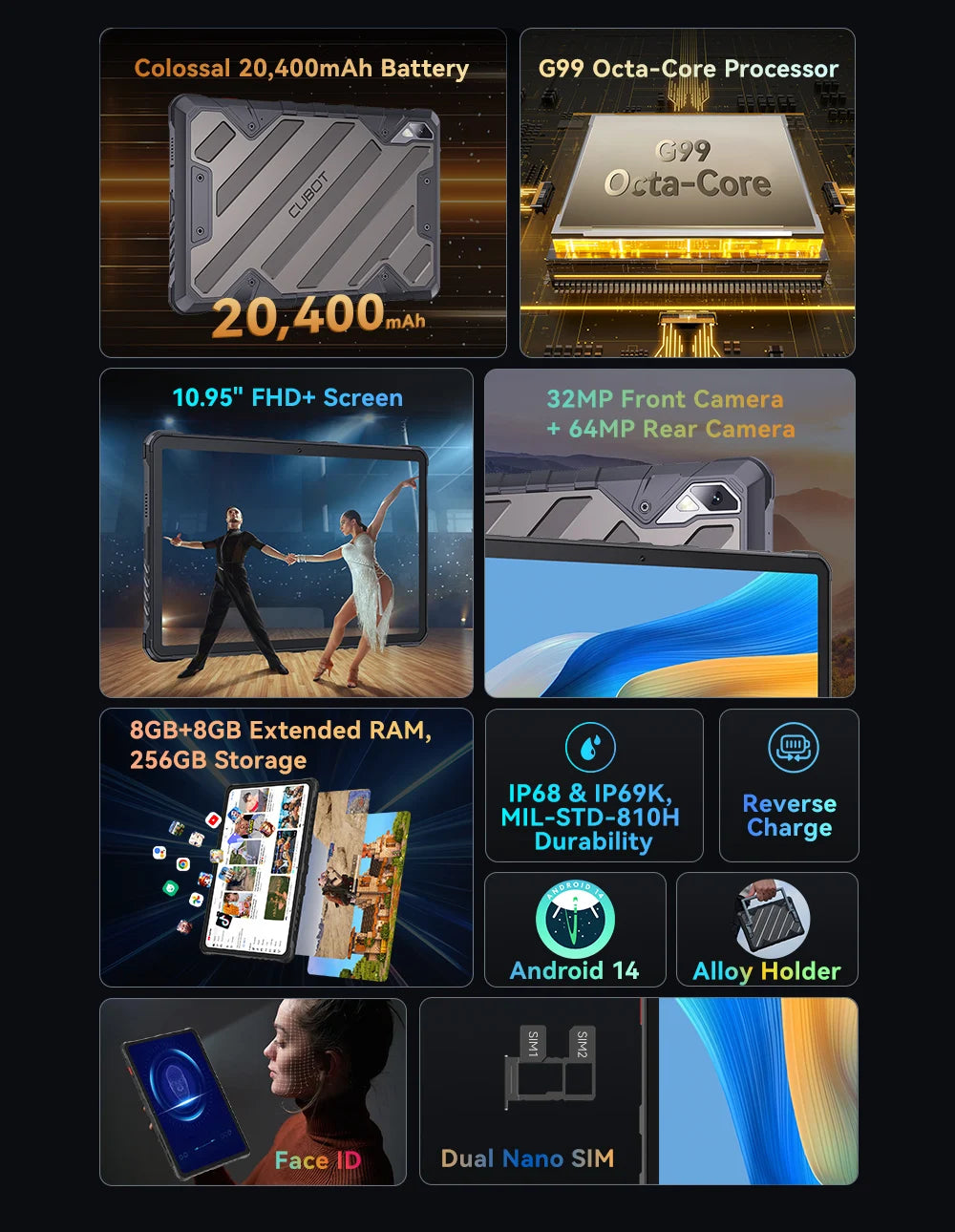 Cubot Tab KingKong 2, Rugged Tablet Android 14, Helio G99, 20400mAh Battery,16GB RAM+256GB ROM, IP68 Waterproof, 10.95" Screen