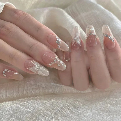 24Pcs Almond Pure Handmade Press On Nails Full Cover Butterfly French Pearl Diamond False Nails Wearable Manicure Nail Tips Art