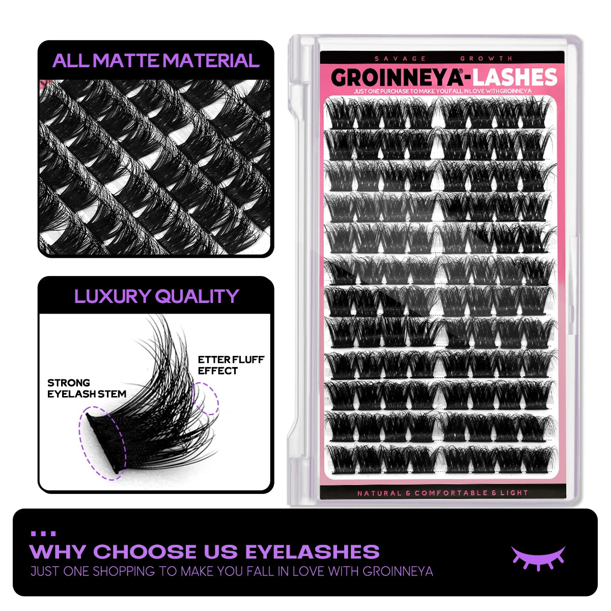 GROINNEYA Lash Clusters Kit DIY Lash Extension Volume Waterproof Individual Lashes Clusters Kit Lash Bond & Seal & Lash Tweezers