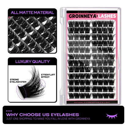 GROINNEYA Lash Clusters Kit DIY Lash Extension Volume Waterproof Individual Lashes Clusters Kit Lash Bond & Seal & Lash Tweezers