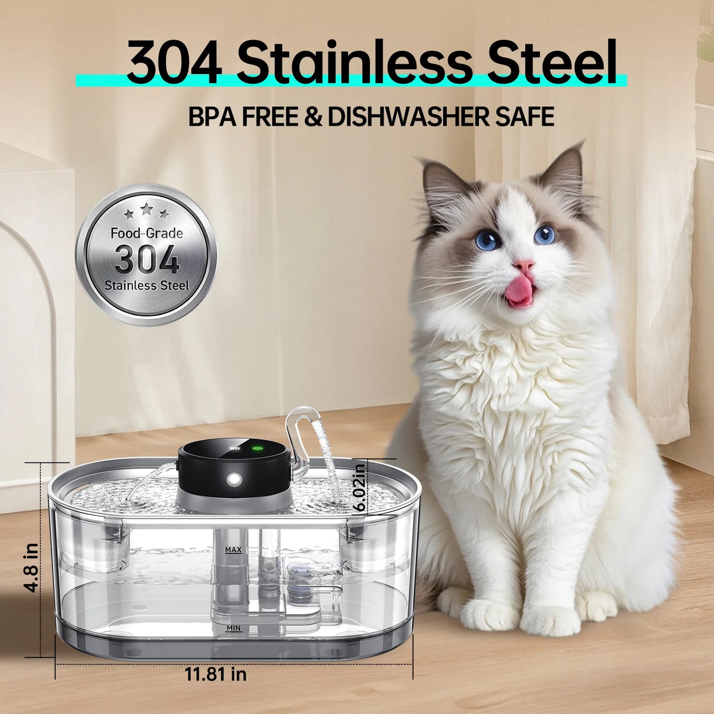 Stainless Steel Wireless Smart Cat Water Fountain 5000mah Pet Water Dispenser for Dog Cat Infrared Sensor Pet Drinkier Fountain