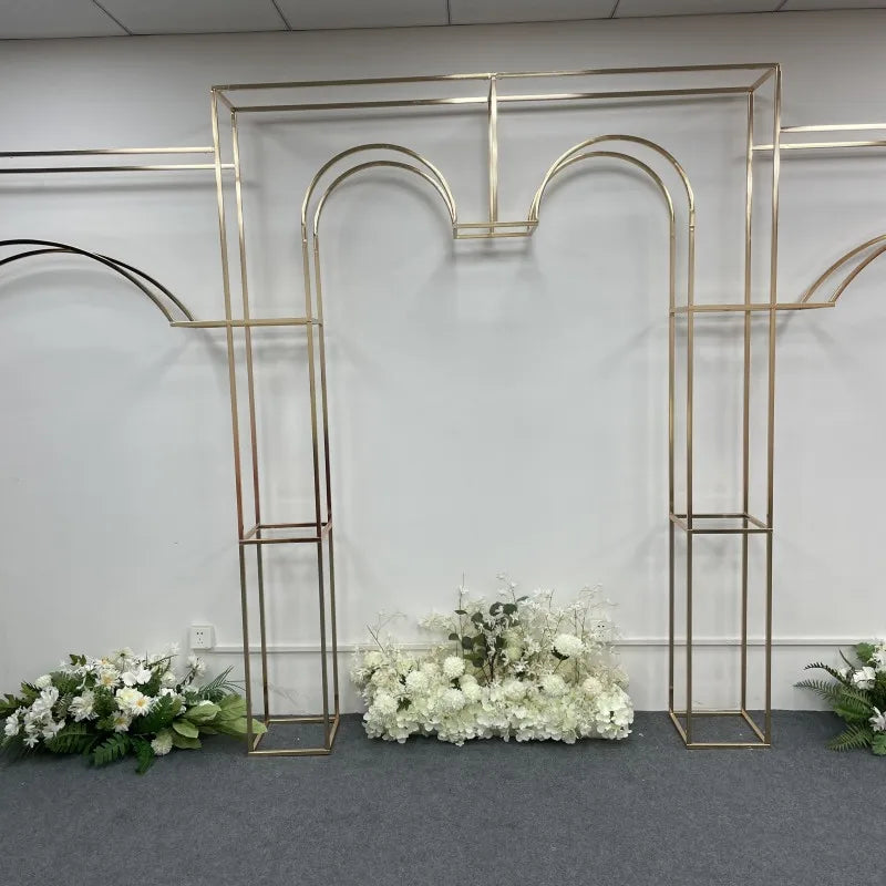 Shiny Gold-Plated Square Screen Backdrop Shelf, Wedding Arch, Geometric Flower, Door Stand, Artificial Flor, 2.2m, 3Pcs