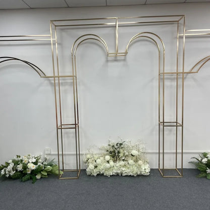 Shiny Gold-Plated Square Screen Backdrop Shelf, Wedding Arch, Geometric Flower, Door Stand, Artificial Flor, 2.2m, 3Pcs