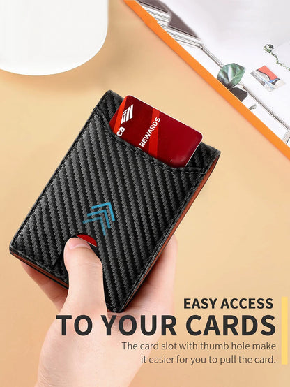 RFID Blocking Carbon Fiber Wallet- Ultra-Slim Bi-Fold Credit Card Holder with ID Window, Portable Front Pocket Money Clip