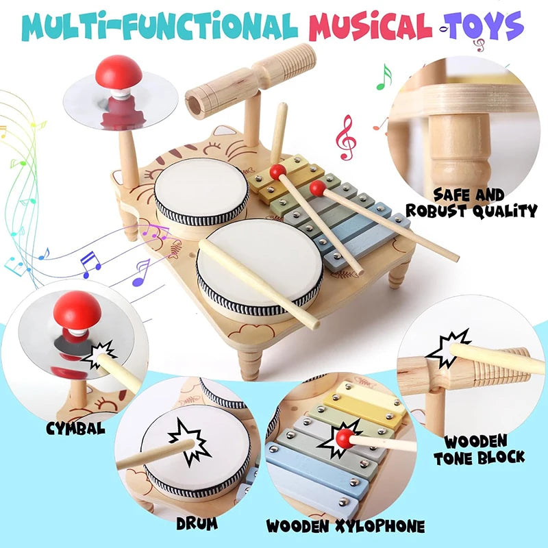 Wooden Music Toys For Babies Children's Multifunctional Music Knocking Table Early Education Kids Drum Set Music Toy Baby Gift