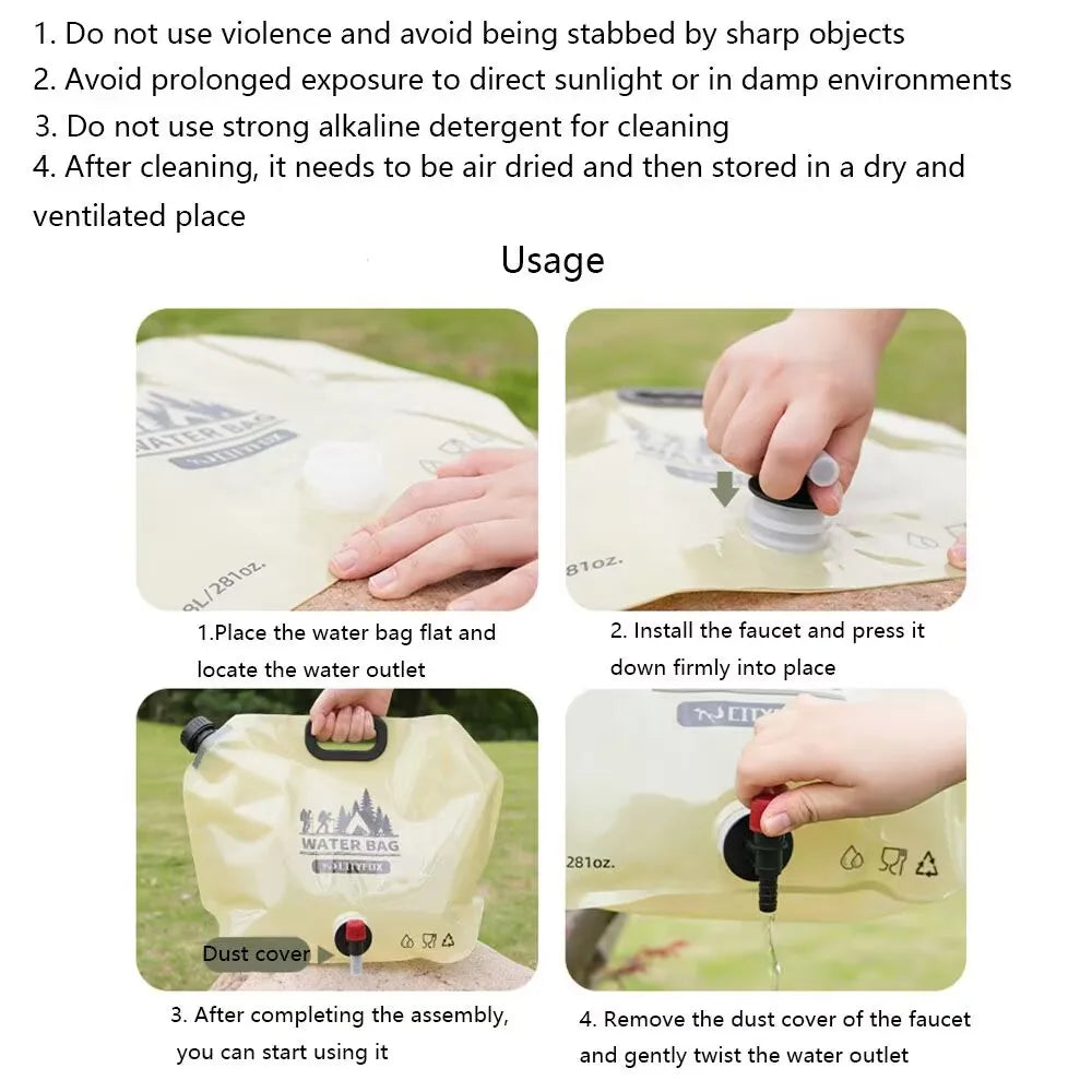 Outdoor Water Storage Bag 8L With Faucet Valve Travel Camping Food Grade Large Capacity Portable Foldable Plastic Water Bag