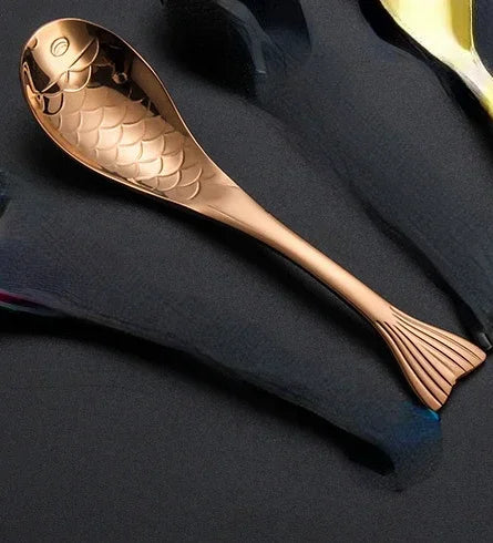 304 stainless steel spoon spoon creative fish-shaped cartoon fish spoon dessert spoon rice spoon gold-plated  stirring spoons