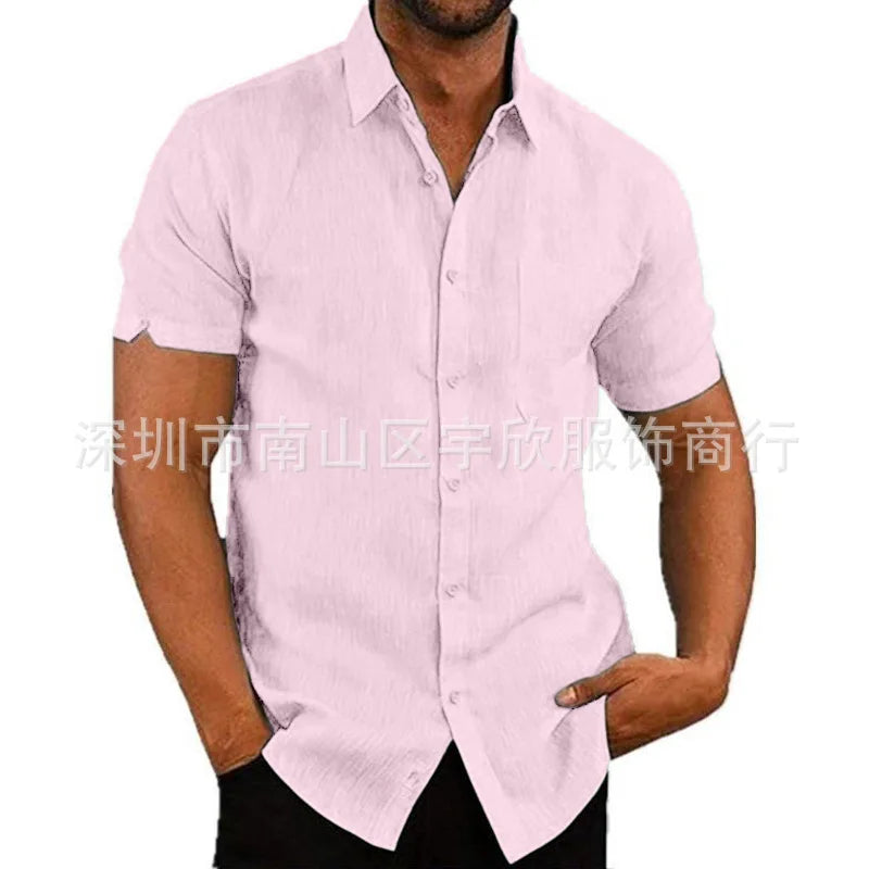 Men Pocket Blouse Tops Summer Male Turn Down Collar Button Short Sleeve Slim Solid Color Blouse Shirts YYCFS-19505