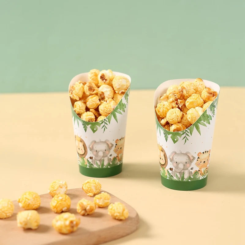 30PCS Jungle Animal Disposable Kraft Paper Slant Snack Cups Kraft Paper Slant Cups Snack Baking Cakes French Fries Containers