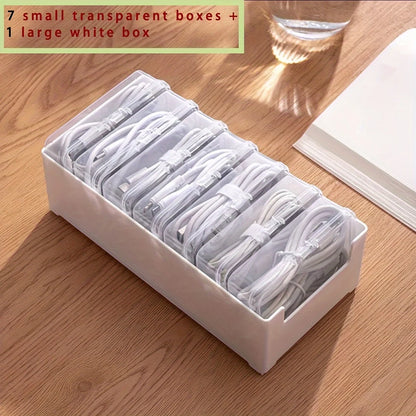 Plastic Cable Organizer Box Set with 7 Clear Storage Trunks - Non-Waterproof, Multipurpose Desktop Cord Management
