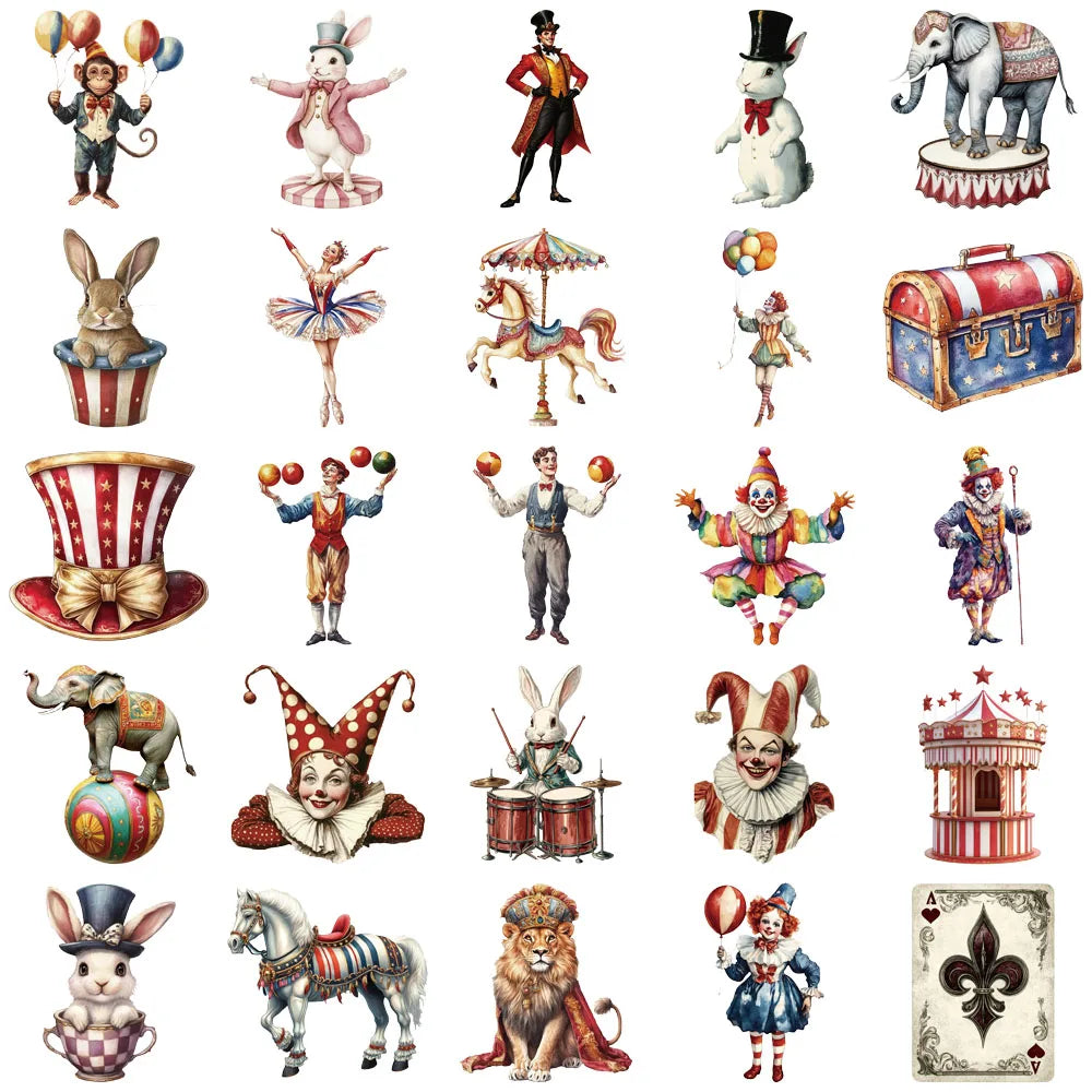 50PCS Creative Circus Stickers Decorative Notebook Phone Cases Water Cups DIY Personalized Waterproof Sticker