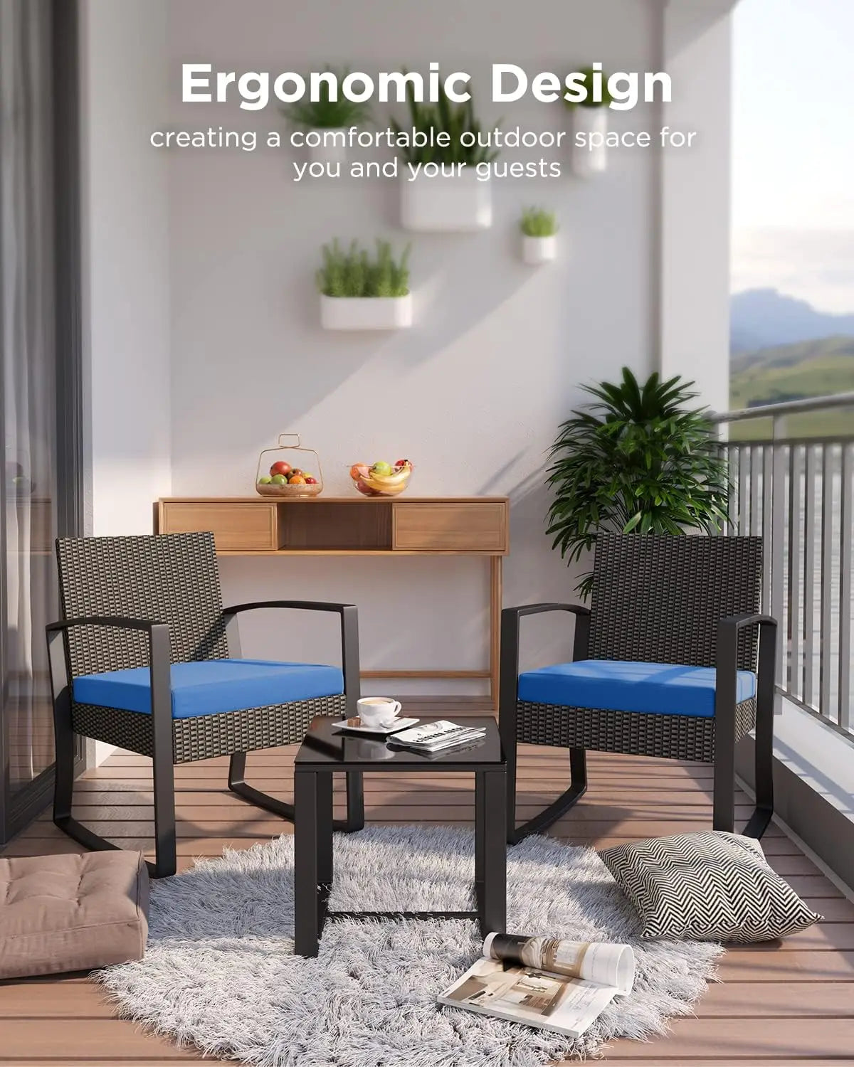 3 Pieces Patio Furniture Set Rocking Bistro Set Outdoor Rattan Conversation with Coffee Table for Garden Balcony Backyard