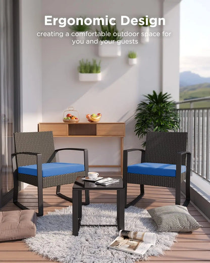 3 Pieces Patio Furniture Set Rocking Bistro Set Outdoor Rattan Conversation with Coffee Table for Garden Balcony Backyard