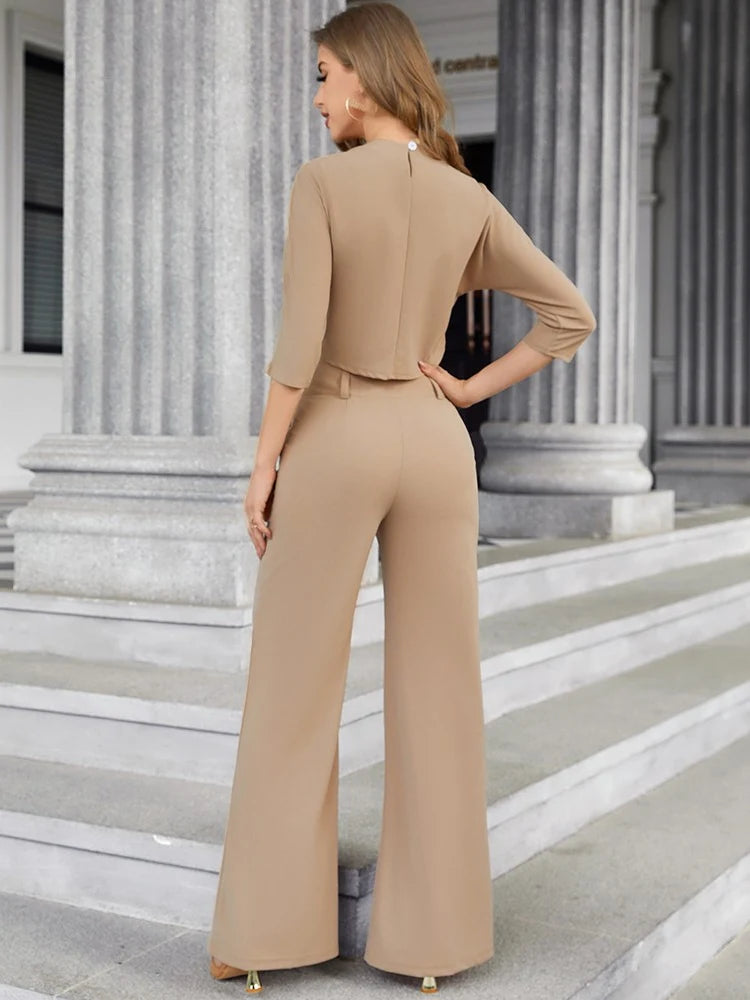 Elegant 2-Piece Women's Office Outfit Set with Mock Neck Crop Top And Buttoned Pants with Pocket Lady Work Wear matching Sets