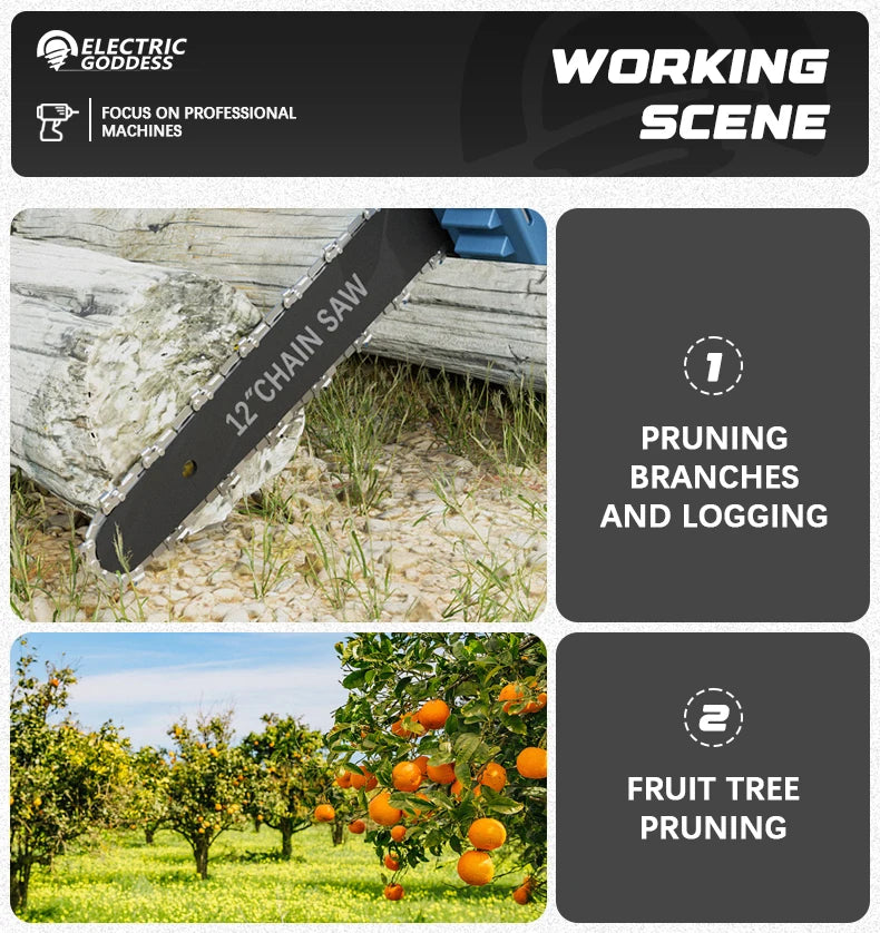 Electric Goddess 12inch Brushless Electric Chainsaw Cordless Portable Electric Saw Woodworking Tool For Makita 18V Battery Pin