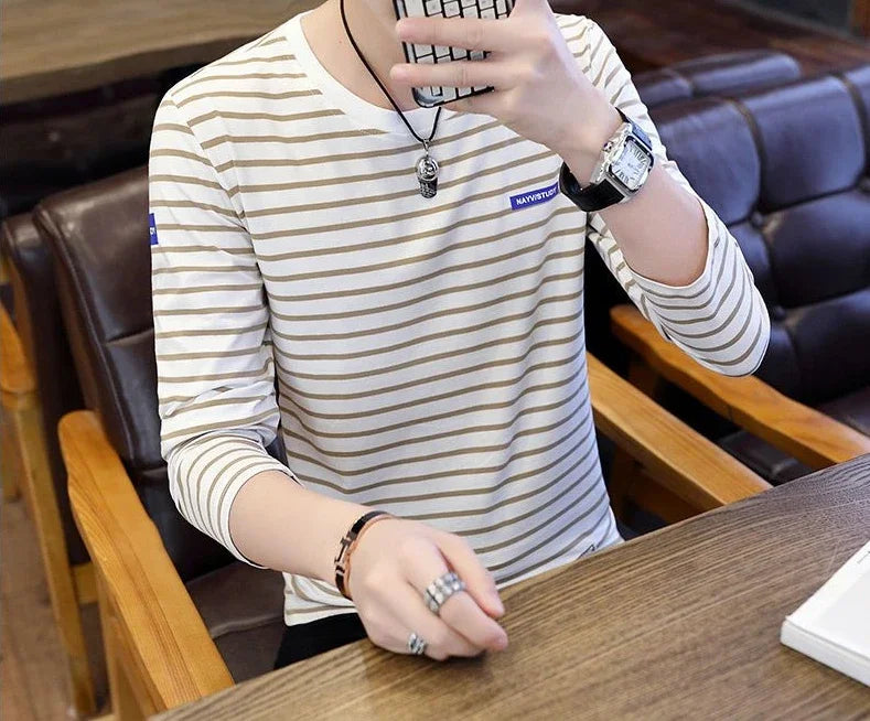T Shirts for Men Stripe Tops Red Cotton Male Clothes Round Neck Harajuku Fashion Sale High Brand Regular Fit It Full Sleeve Tee