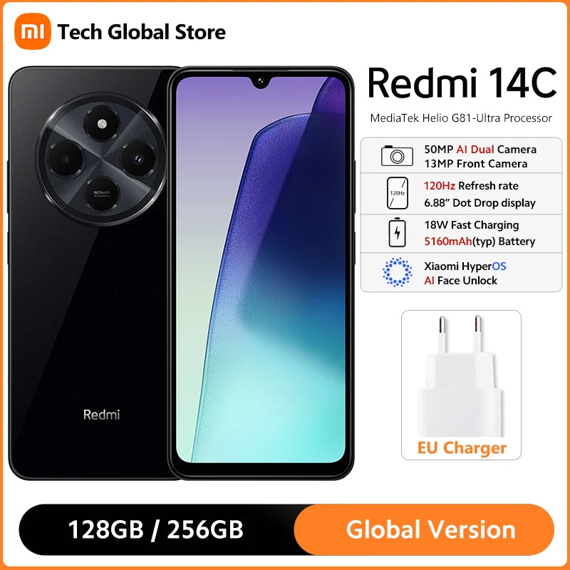 Global Version Xiaomi Redmi 14C Smartphone 8GB 256GB MediaTek Helio G81-Ultra Processor 6.88" 120Hz Display 50MP AI Dual Camera