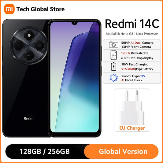 Global Version Xiaomi Redmi 14C Smartphone 8GB 256GB MediaTek Helio G81-Ultra Processor 6.88" 120Hz Display 50MP AI Dual Camera