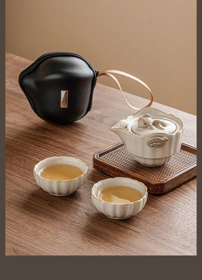 Beige Ru Ware Travel Tea Set Portable Outdoor One Pot Two Cups Porcelain Brewing Equipment Suit