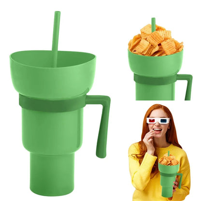 2 in 1 Popcorn Beverage Cup Snack 1000ML Straw Cup with Handle Water Bottles with Straw Coffee Cup Mug Leak-Proof For Kids Adult