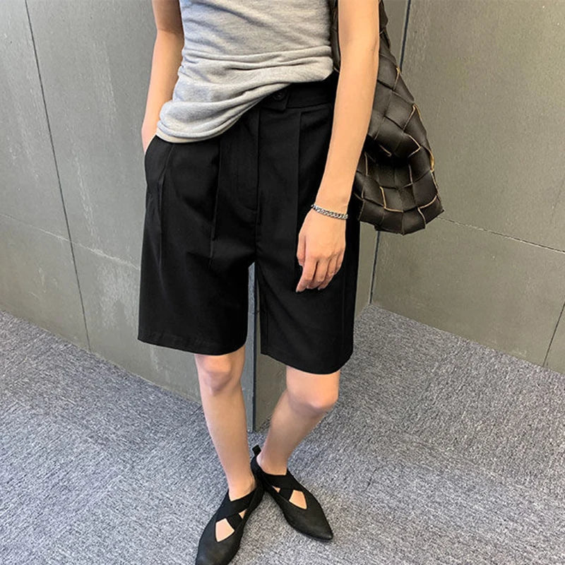 Korean Office Suits Shorts for Women Fashion Double-buttons High Waist Knee-length Pants Woman 2023 Summer Casual Short