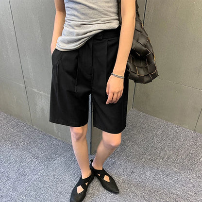 Korean Office Suits Shorts for Women Fashion Double-buttons High Waist Knee-length Pants Woman 2023 Summer Casual Short