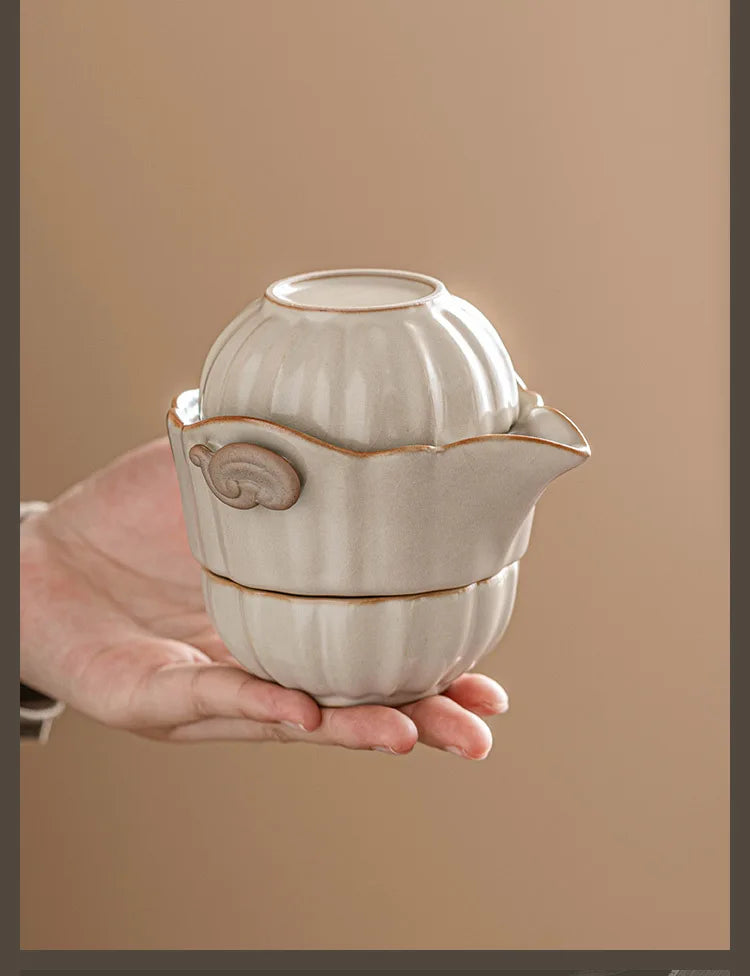 Beige Ru Ware Travel Tea Set Portable Outdoor One Pot Two Cups Porcelain Brewing Equipment Suit