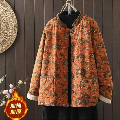 Women Retro Floral Plate Buckle Cotton Jacket Thickened Warm Cotton Clothing Cotton Linen Printed Autumn Winter Cotton Jacket