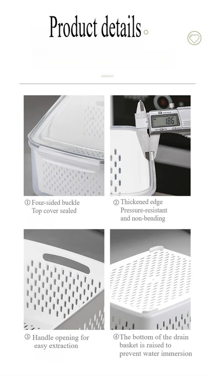 1- 3Pcs Refrigerator Organizer Boxes Fresh Fruit & Vegetable Keep - Fresh Containers with Draining Baskets Kitchen Storage Box