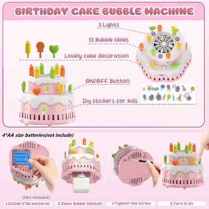 Birthday Cake Bubble Machine for Kids Automatic Bubble Blower 10000+ Bubbles Per Minute/Lights/Music Summer Bubble Maker Toys